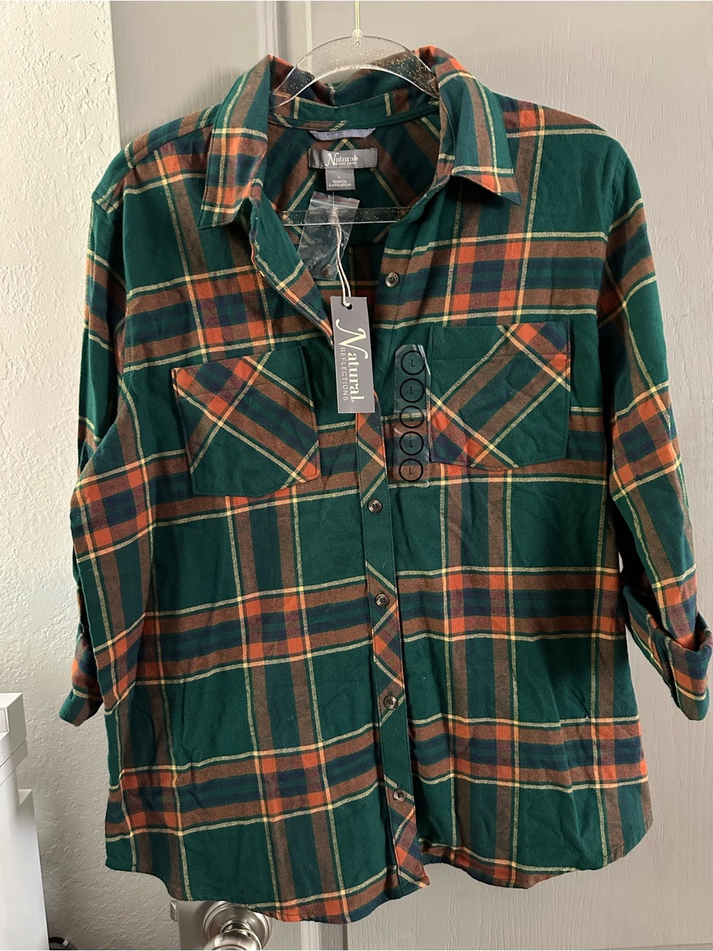 Women’s Natural Reflections Green and Brown Plaid Button-Up Flannel Large